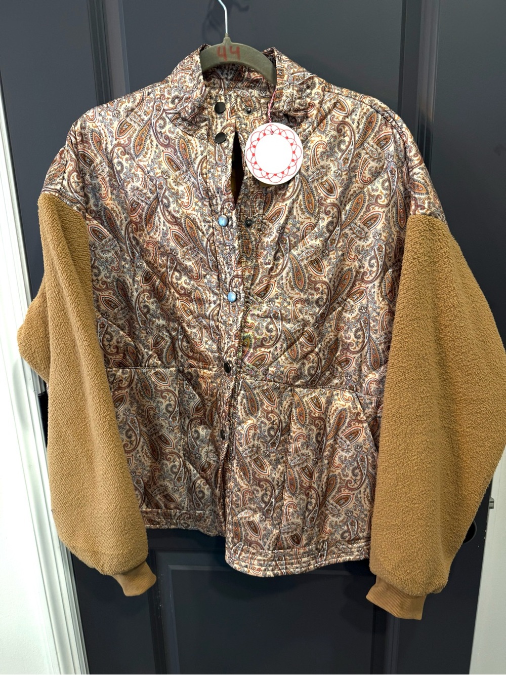 Womens Umgee paisley Quilted Jacket with Camel Sherpa Sleeves